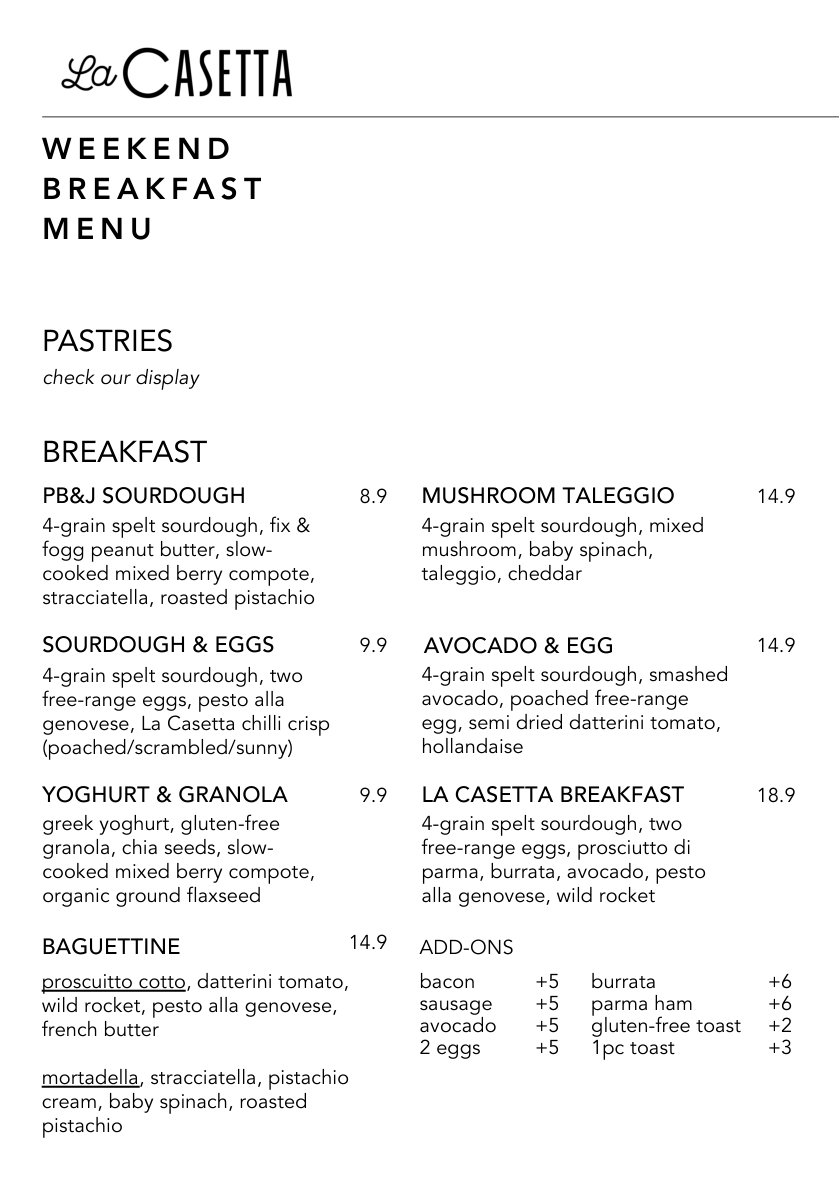La Casetta weekend breakfast menu