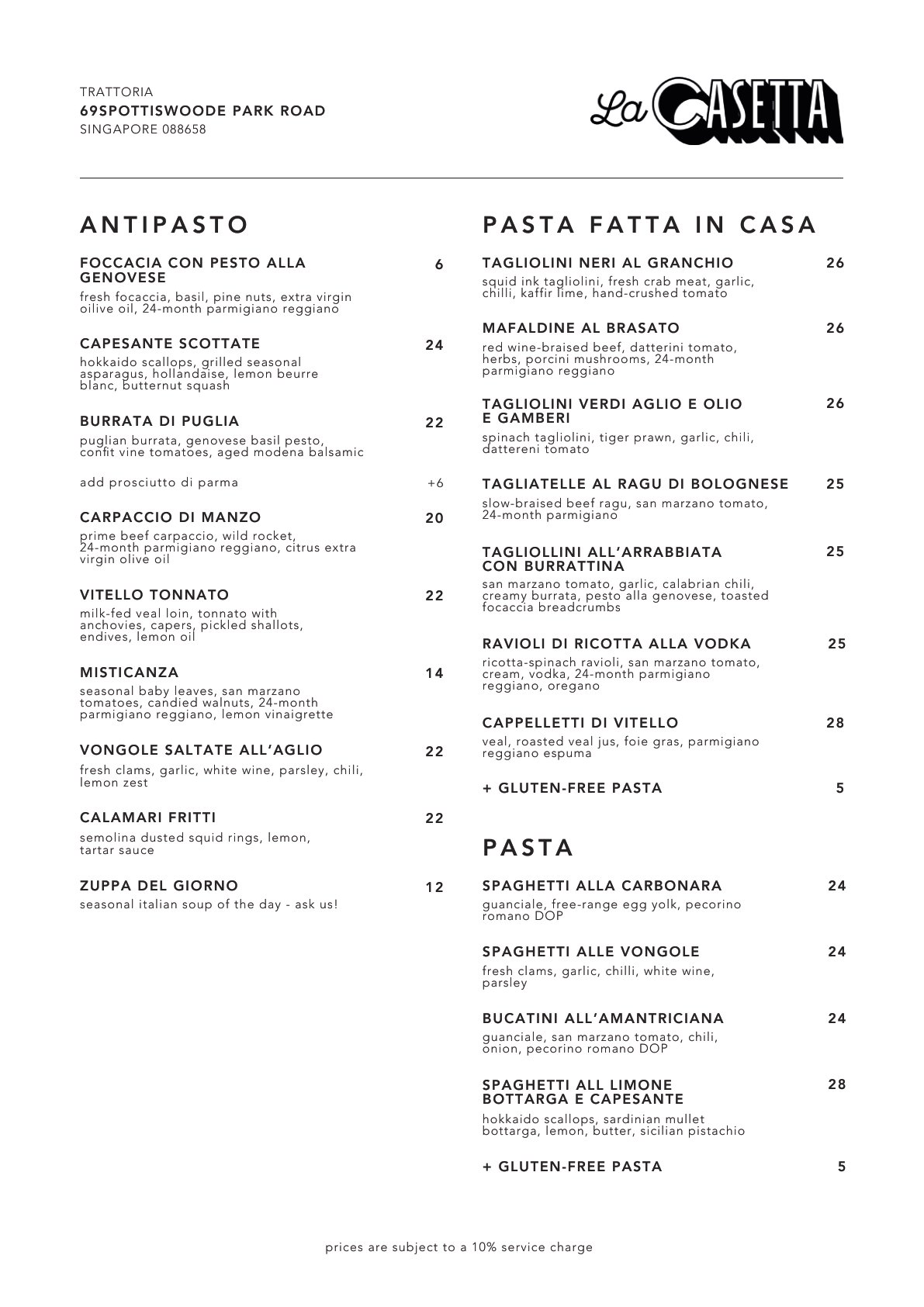 La Casetta menu — antipasti and pasta
