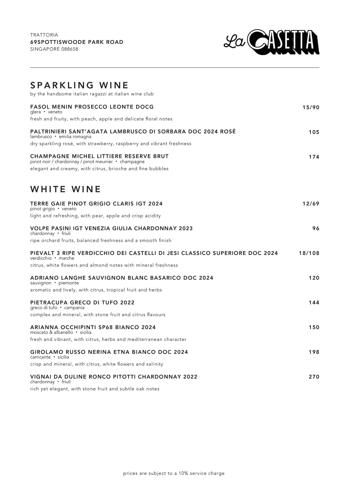 La Casetta menu — sparkling and white wine