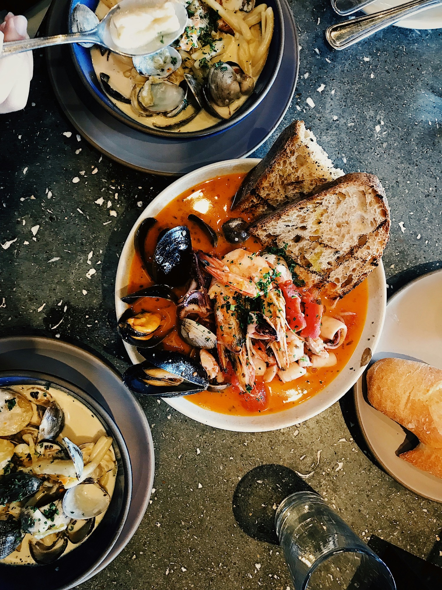 Dinner table with seafood soup